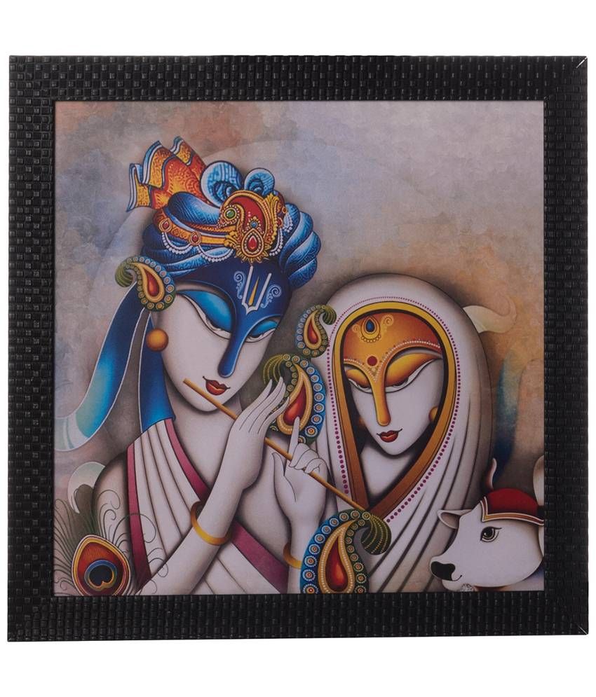     			eCraftIndia Off White & Yellow Radha Krishna Satin Framed UV Art Print Painting