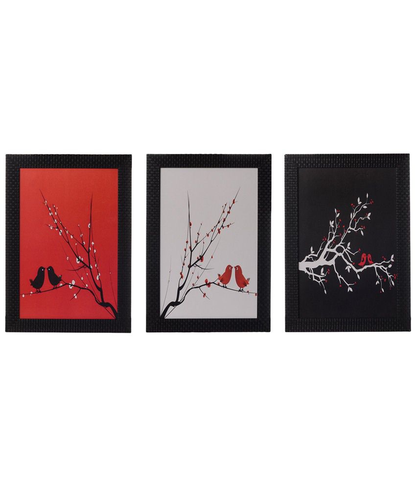     			eCraftIndia Pack of 3 Red, White & Black Abstract Tree View Satin Framed UV Art Print Paintings