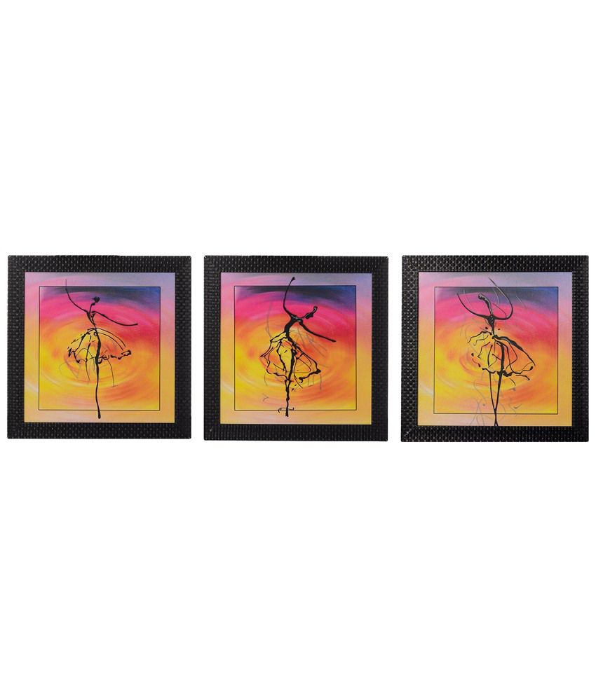     			eCraftIndia Pack of 3 Yellow & Black Dancing Girl Pose Satin Framed UV Art Print Paintings