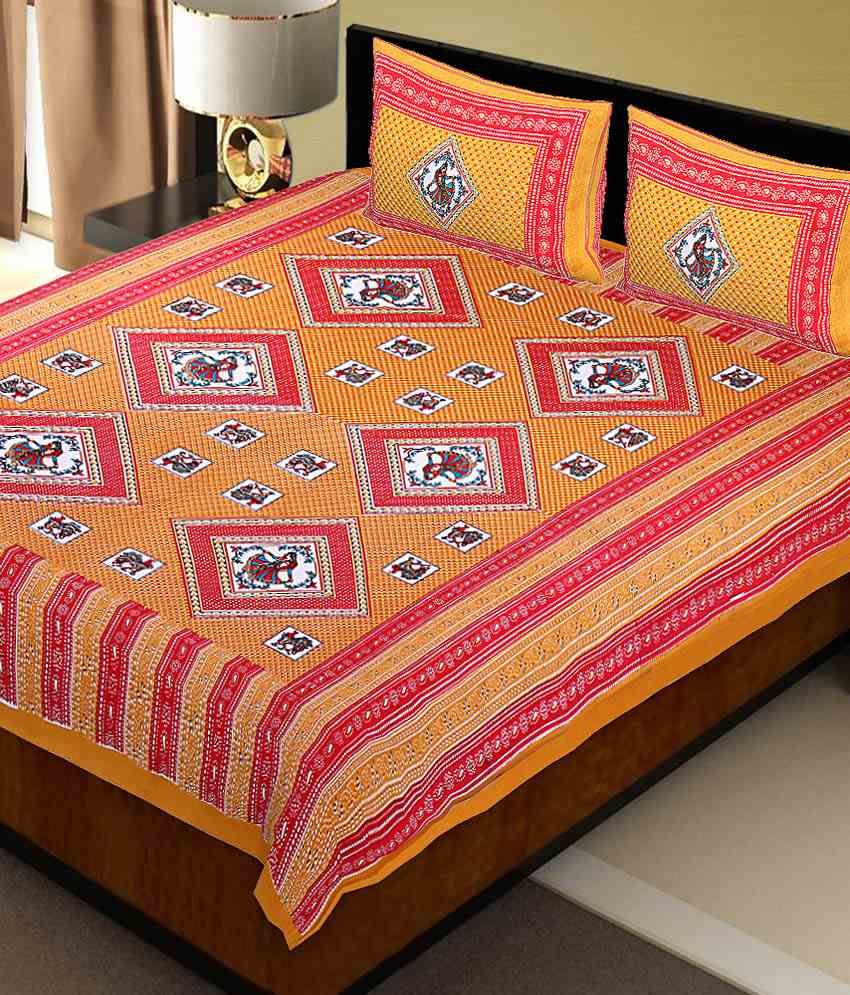 Jaipuri Haat Yellow and Pink Cotton Bedsheet with 2 pillow cover Buy