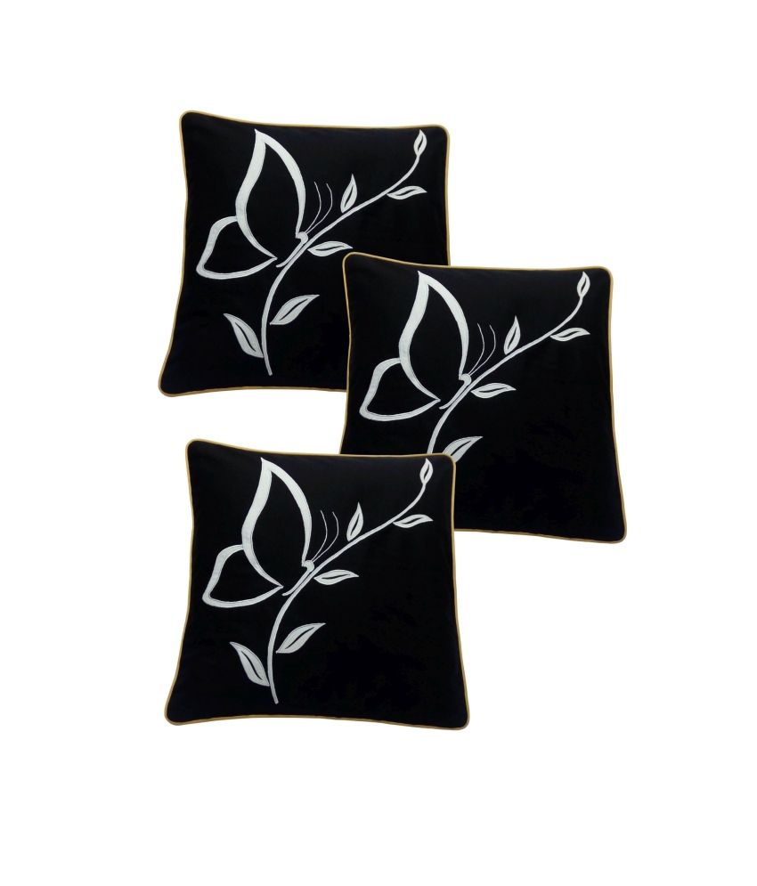     			Hugs'n'Rugs Black Embroidery Cotton Cushion Cover - Set Of 3