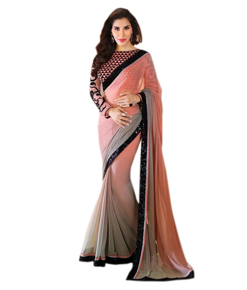 J&V Peach Georgette Saree - Buy J&V Peach Georgette Saree Online at Low ...