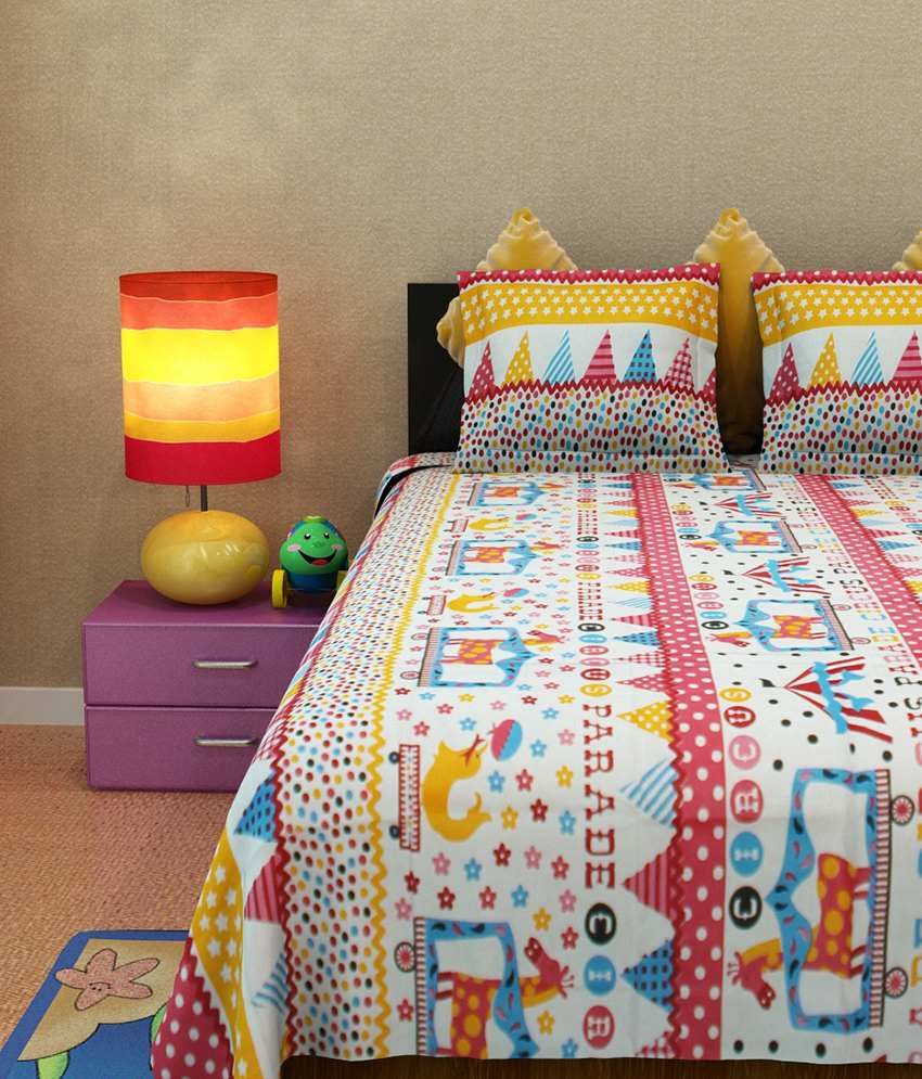 Home Candy Multicolour Baby themes Cotton Double Bedsheet with 2 pillow