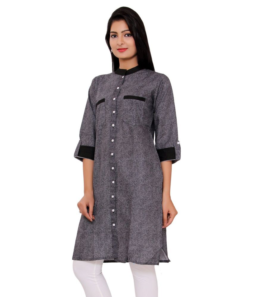 MSONS Women's Black Denim Printed Shirt Style Long Cotton Kurti - Buy ...