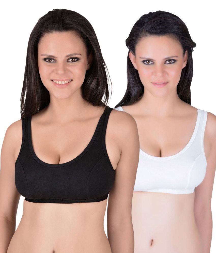     			Eve's Beauty White and Black Cotton Blend Sports Bras - Pack of 2