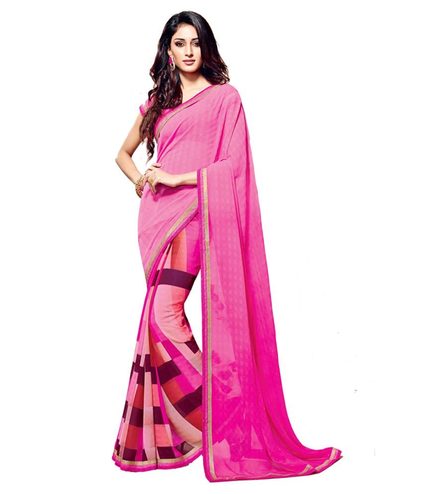 Indian Rag Pink Pure Chiffon Saree - Buy Indian Rag Pink Pure Chiffon ...