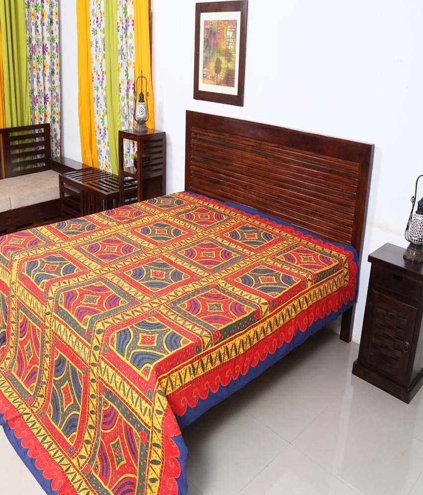 Indigenous Handicrafts Multicolor Double Bed Cover With Applique And