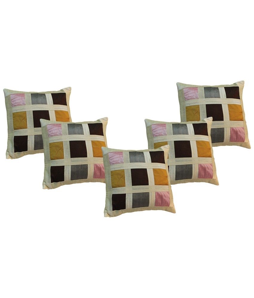 I Catch Pack Of 5 Cotton Beige And Brown Geometrical Cushion
