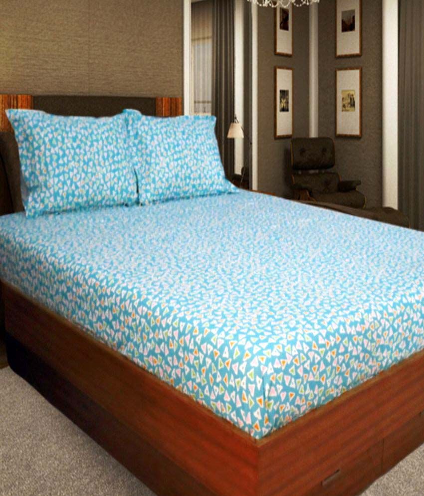 Snuggle Blue Small Triangles Printed Double Bed Sheet with 2 Pillow