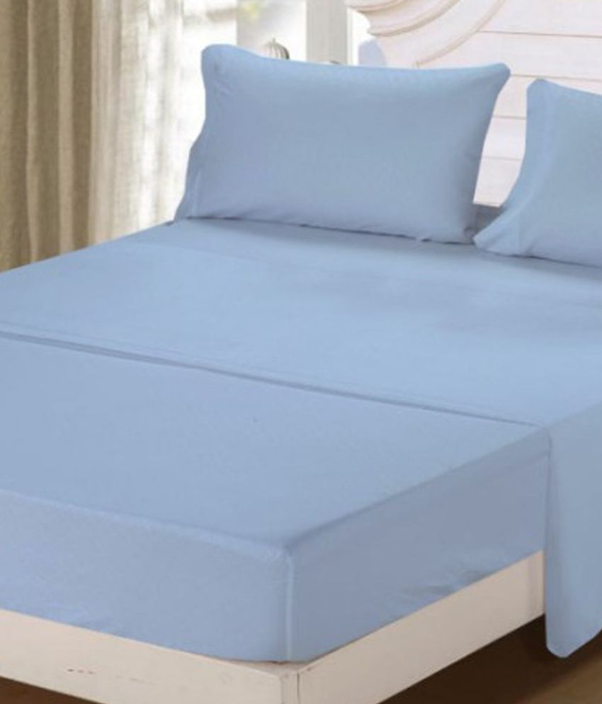 Scala Light Blue Plain Cotton 1 Single Bedsheet With 2 Pillow