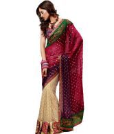 Cream-Red Net Saree With  Unstitched Blouse.