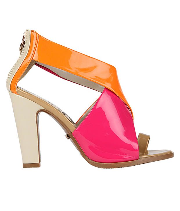 orange low block heel sandals
