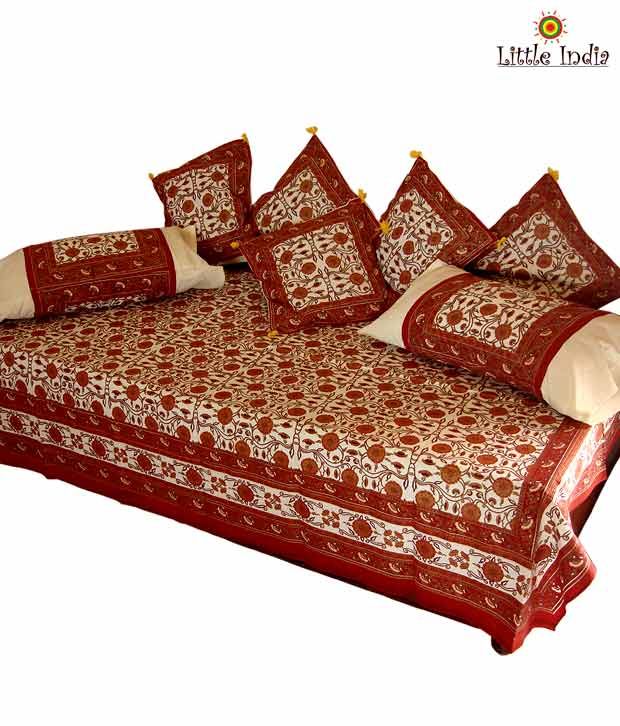 Little India Elegant Cream & Red Jaipuri Cotton Diwan Set8 pcs Buy