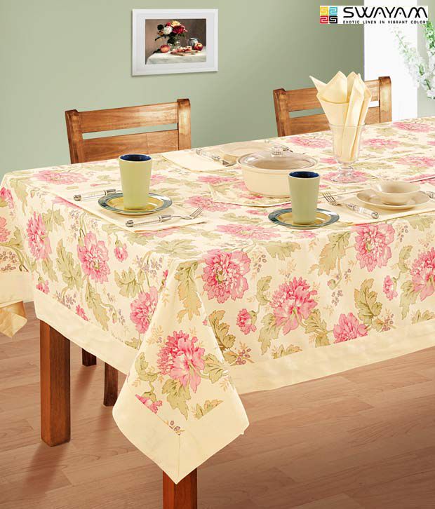     			Swayam Beige and Pink Table Cover For 8 Seater