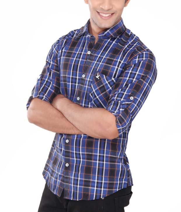 black with blue shirt