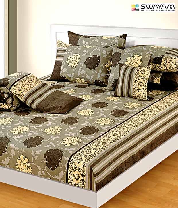 Swayam Brown Floral Double Bed Sheet Set Buy Swayam Brown Floral