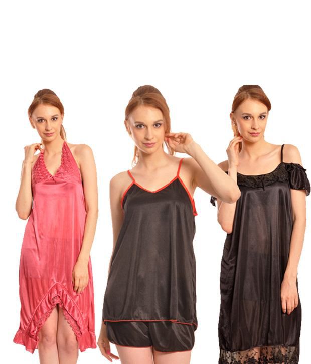 Buy Klamotten Black Satin Nighty And Night Gowns Pack Of 2 Online At Best Prices In India Snapdeal 