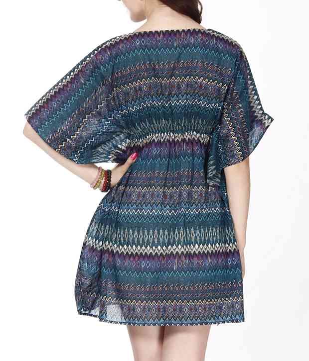 Buy Shibori Blue Printed V Neck Cotton Kaftan Nighty Online at Best