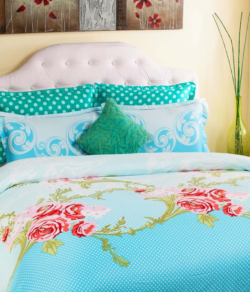 Portico New York Evita Sky Blue 1 Double Bedsheet & 4 Pillow Covers