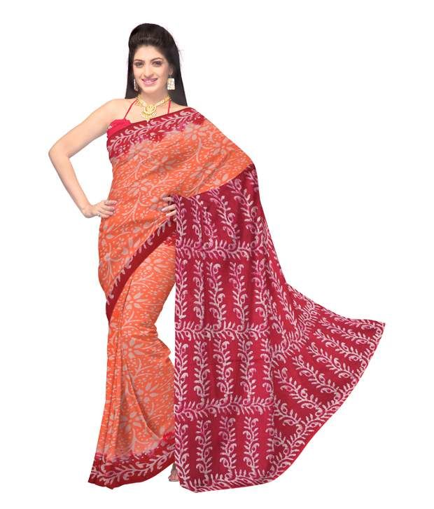 Unnati Silks Portland Orange & Red Pure Handloom Batik Cotton Saree
