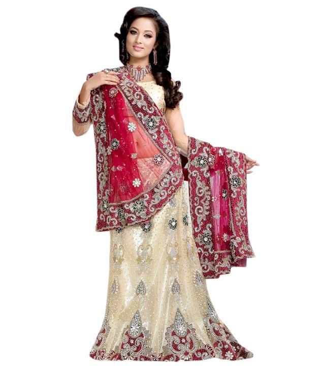 Utsav Fashion Off White Embroidered Net Lehenga Saree Price in India ...