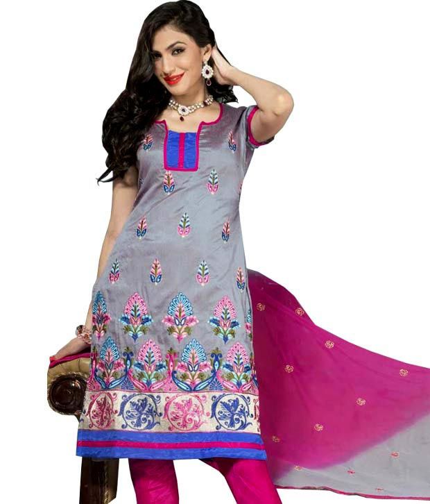 Kalazone Pink Silk Jacquard Embroidery Stone Work Dress Material