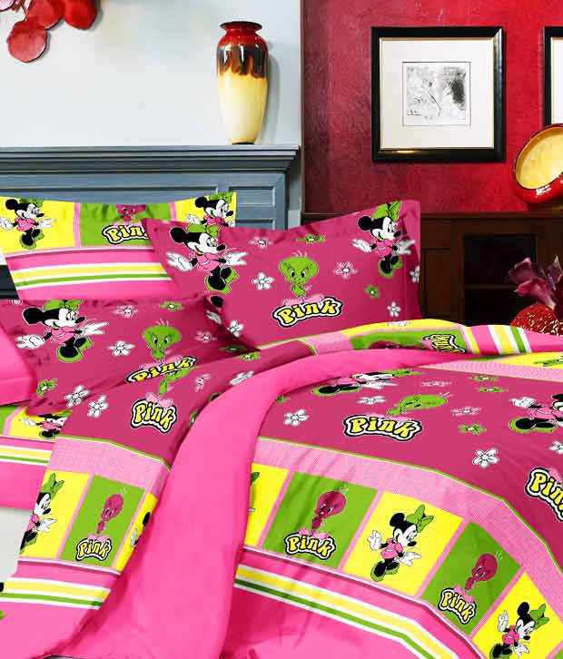 Lali Prints Pink Animated 100 Cotton Double Bed Sheet And 2 Pillow 