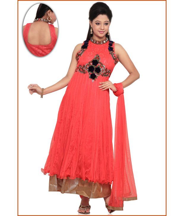 Utsav Fashion Orange Embroidered Net Anarkali Stitched Suit With Dupatta - Buy Utsav Fashion 