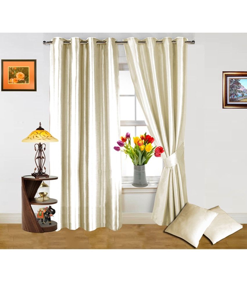 Dekor World Cream Curtain And Cushion Covers Combo (4 Pcs) Solid White