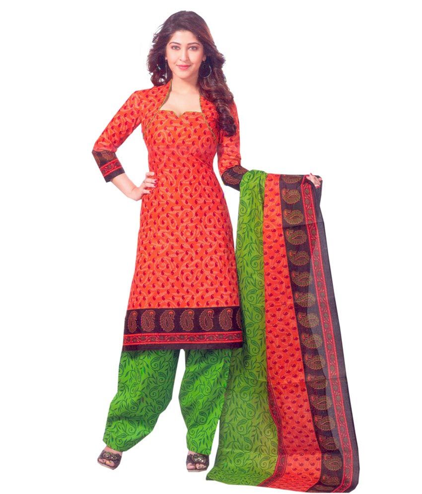 Shree Ganesh Clothing Orange Cotton Unstitched Dress Material - Buy