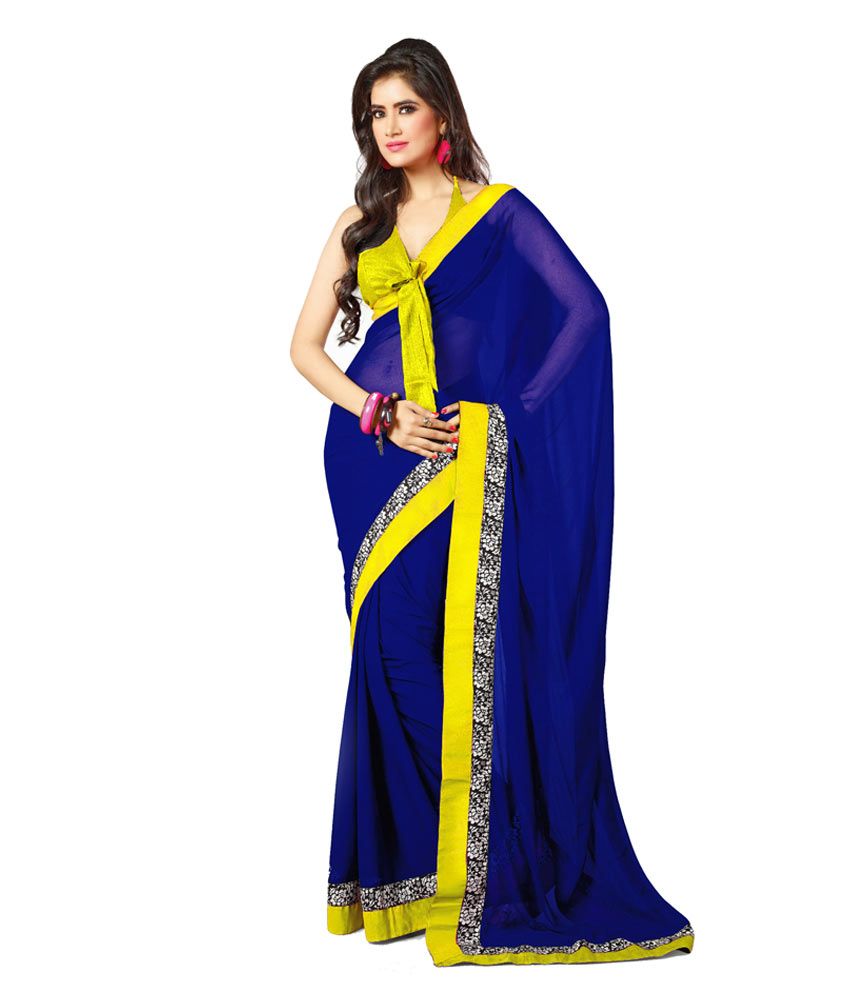     			Vishal Saree Yellow and Blue Chiffon Saree