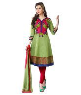 Fabdeal Green-Red Cotton Embroidered Semi-stitched Suit With Dupatta
