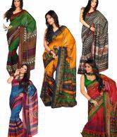 Aalya Multi-Coloured Printed Bhagalpuri Silk Saree Combo Of 5
