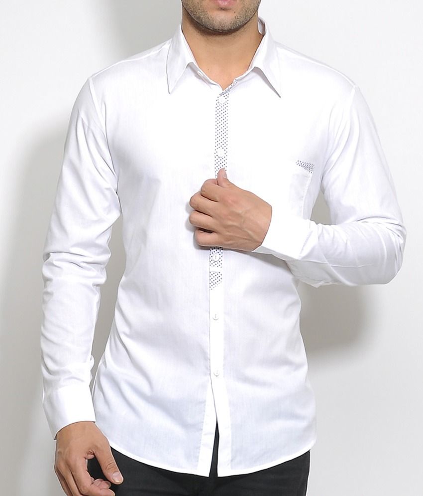 I Know White Cotton Shirt With Polka Dot Silm Tie Placket And Small