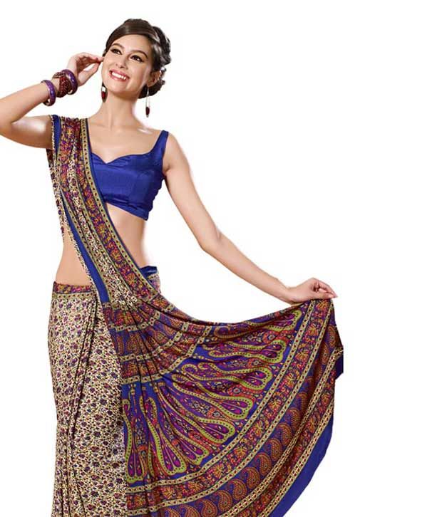 Aalya Stylish Beige-Royal Blue Art Crepe Printed Saree - Buy Aalya Stylish Beige-Royal Blue Art 