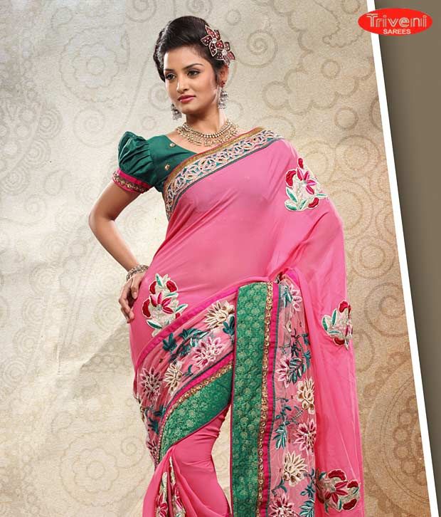 Triveni Sarees Pink & Green Saree Buy Triveni Sarees Pink & Green
