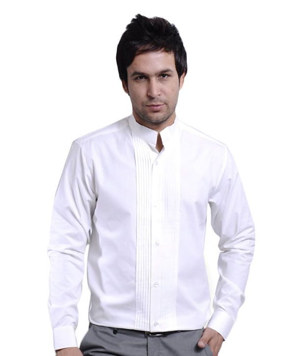 I Know White Pleated Chinese Collar Shirt - Buy I Know White Pleated ...
