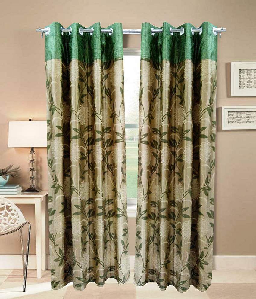 Homefab India Green Floral Polyester 2 Curtains Set of 2 Curtains Floral Green