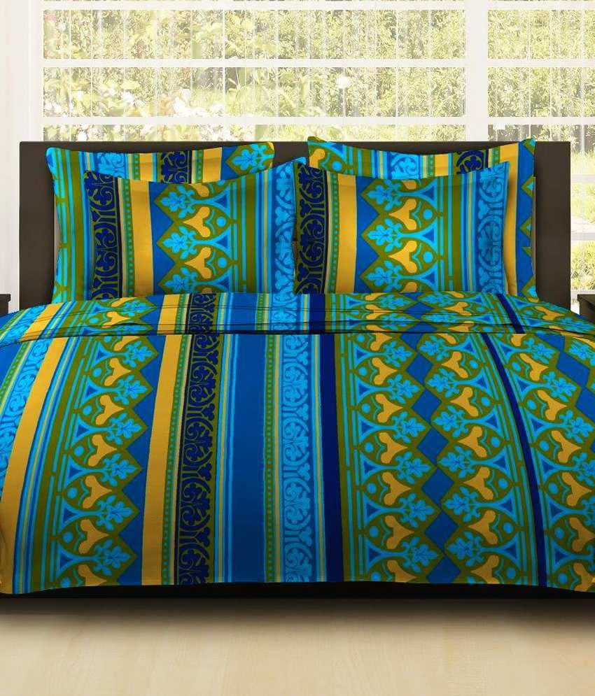 Bombay Dyeing Blue Ethnic Polycotton Double Bedsheet With 2 Pillow