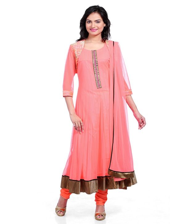 Utsav Fashion Orange Embroidered Net Stitched Anarkali Salwar Suit - Buy Utsav Fashion Orange 