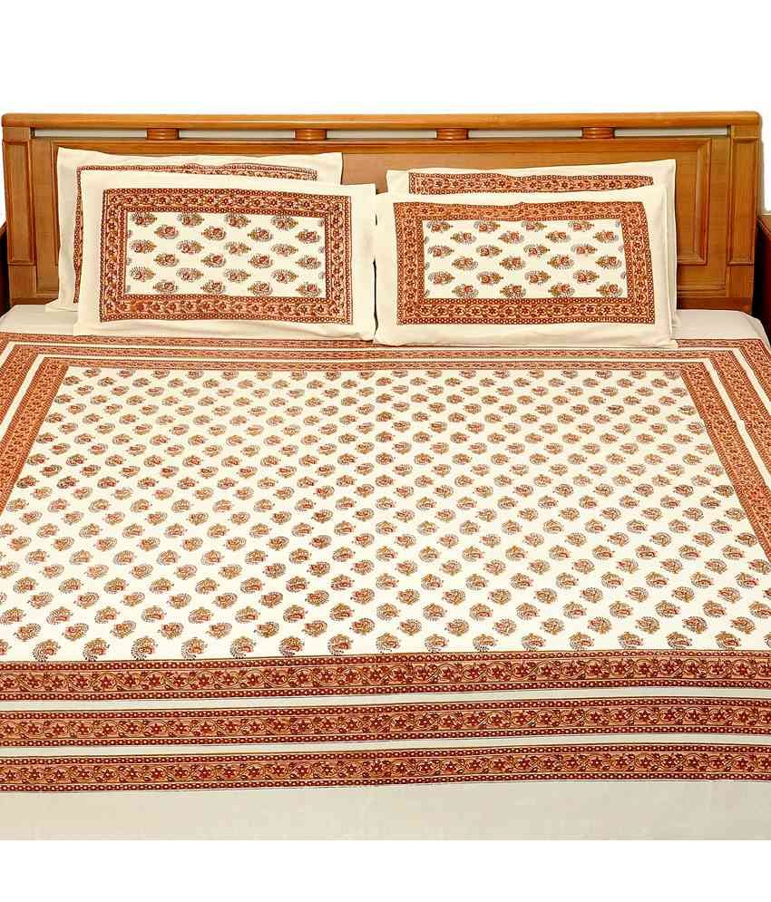 Heritage Brown Ethnic Cotton Double Bed Sheet With 2 Pillow Covers