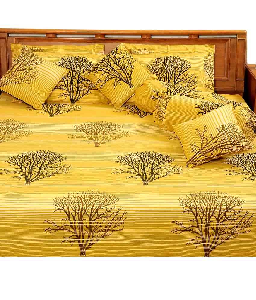 Heritage Yellow Printed Cotton Double Bed Sheet With 2 Pillow Covers
