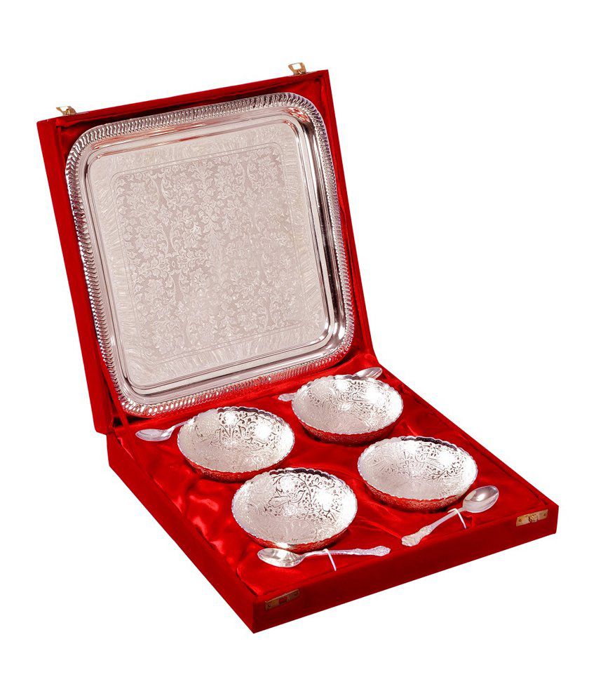     			Silver Plated Brass Bowl With Tray Set Of 9 Pcs