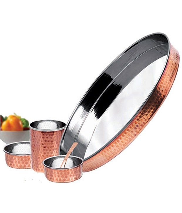 Copper Factory Copper Steel Thali Set : Thali, 2 Bowl, 1 Glass And A Spoon