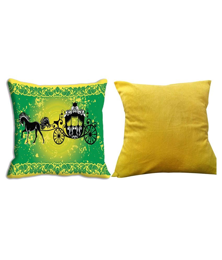 meSleep Yellow Printed Blends Cushion Cover (2 Digitally Printed Covers, Freebie 2 Velvet