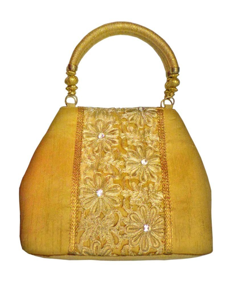 Bhamini Raw Silk Centre Cutwork Handbag Gold Buy Bhamini Raw Silk Centre Cutwork Handbag