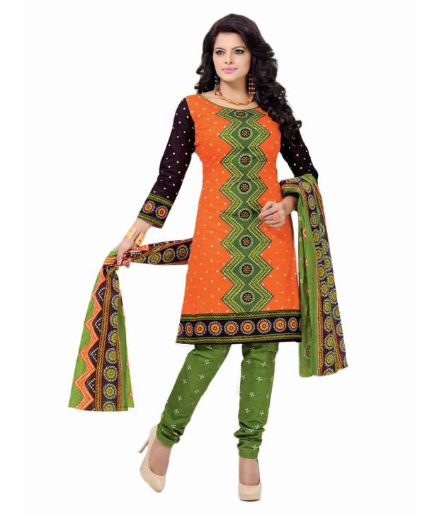 Shop Rajasthan Black Green And Orange Green Color Combination Bandhani Print Dress Material Salwar Suit With Cotton Dupatta