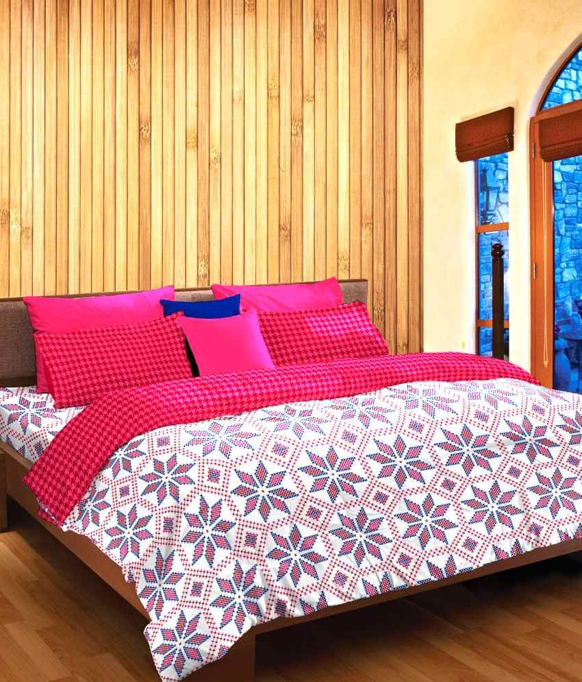 Stellar Home USA Pink And White Floral Cotton Double Bedsheet with 2