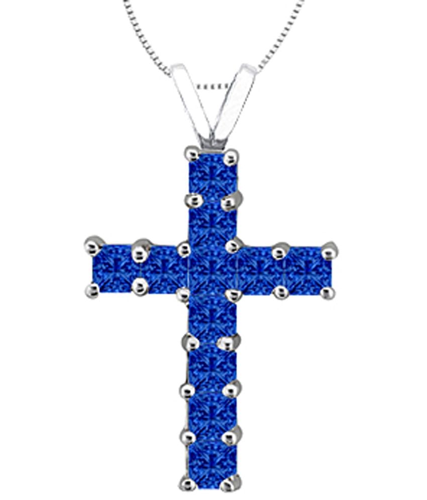 Princess Cut Natural Blue Sapphire Cross Pendant in 14K White Gold 0.75 ...