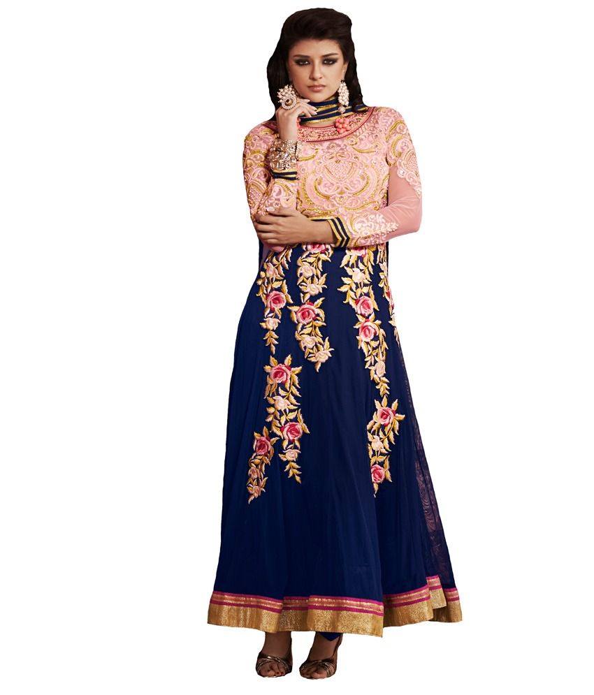 Inddus Blue Embroidered Faux Georgette Semi Stitched Anarkali Salwar